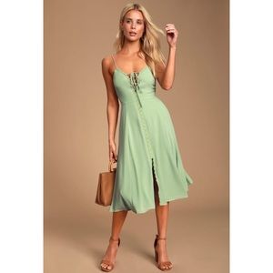 Sage Green Spaghetti Strap Zipper Closure Button Down Midi Summer Dress